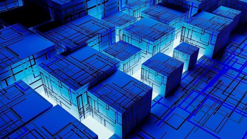 Vibrant abstract background showcases interconnected cubes, representing technology and data in a