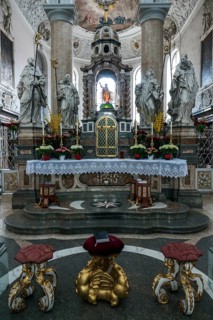 Church, baroque basilica of St. Mang, interior view, altar area, Füssen, Ostallgäu, Bavaria Germany