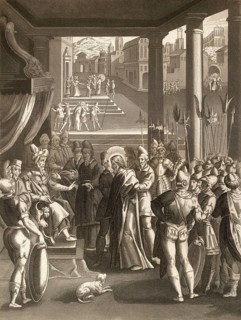 Jesus at Herod's court, New Testament, steel engraving 1853, digitally restored