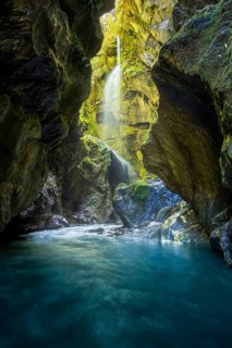 Waterfall in rocky gorge, Wilson Creek Chasm (Wilson Creek Canyon, Wilson's Creek), Haast Pass,