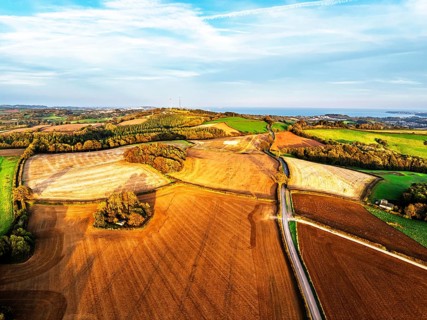 Colours of Devon Farms and Fields over Berry Pomeroy from a drone, Totnes, England, United Kingdom