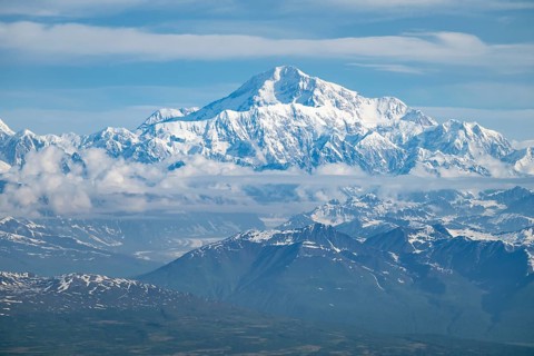 Clouds over high mountains, Mt Denali or Mount McKinley, aerial view, Alaska Range, Denali National