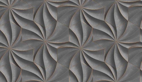 3D expensive wallpaper of architectural modules is black and brown with red gold frayed edges.