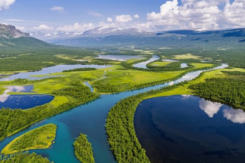 Aerial view of river Vistasjohka, branching river arms, turquoise colored river, Vistasvagge