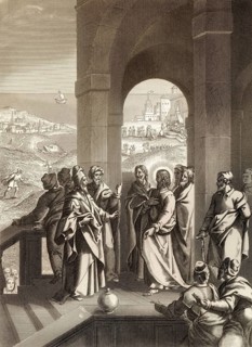 The Pharisees seeking a sign from Jesus, New Testament, steel engraving 1853, digitally restored