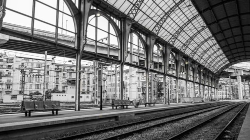 Monochrome image capturing the stunning architecture of a train station in Nice, France, showcasing