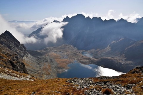 Aerial view at the Tatras mountains with the pond in Poland