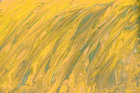 Dynamic abstract acrylic painting featuring yellow and teal swirling patterns, creating a fluid and