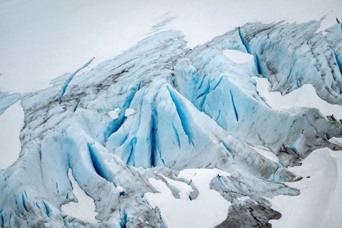 Blue rugged glacier ice with crevasses and snow, detail, Exit Glacier, Kenai Peninsula, Alaska, USA