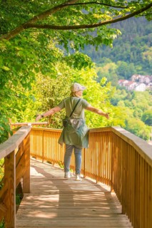 A person with outstretched arms on a wooden path with a view of a forest landscape, Panorama