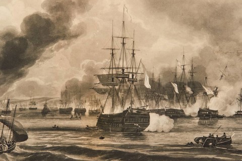 Engraving of a naval battle with sailing ships and cannon fire at sea, Historical Museum, Battle of