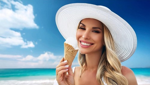 A blonde woman enjoys eating an ice cream in a cone