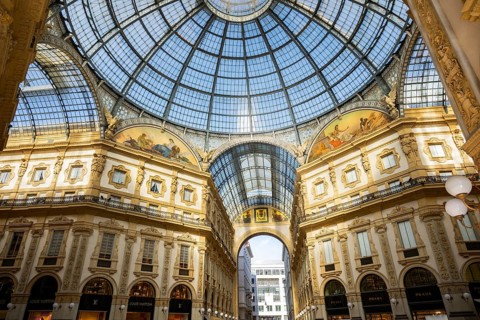 View of the Galleria Vittorio Emanuele with its many luxury shops in Milan on a sunny day, Milan,