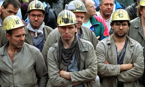 Miners from the Ruhrkohle Monopol Colliery in Bergkamen are demonstrating against the planned