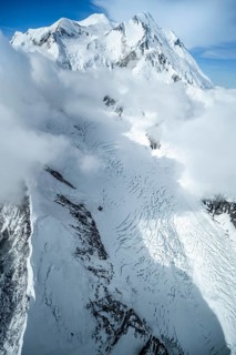 Summit of Mt Denali or Mount McKinley with glacier, aerial view, Alaska Range, Denali National