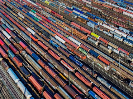 Mannheim marshalling yard. There are many freight trains and freight wagons on the tracks. aerial