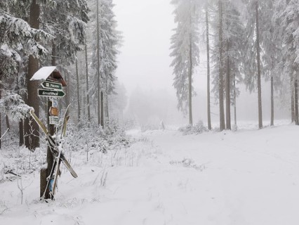 Snowy forest trail with signpost hanging on the ski in fog, Rennsteig, Thuringian Forest nature