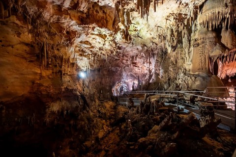 Stalactites and stalagmites, rock formations in a stalactite cave, Grotta del Fico, Gulf of Orosei,