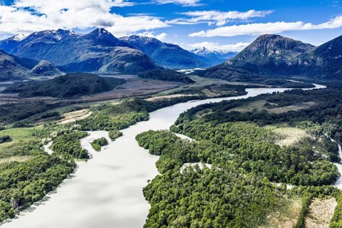 Road Carretera Austral, gravel road along river Rio Baker, north of Puerto Yungnay, aerial view,
