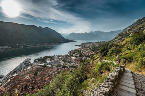 KOTOR, MONTENEGRO - JUNE 20, 2019: Tourists on the trail leading to the fortress on the hill.