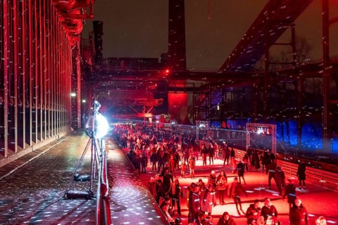 Ice rink at the Zollverein coking plant, ice skating with music and many lighting effects, Essen,