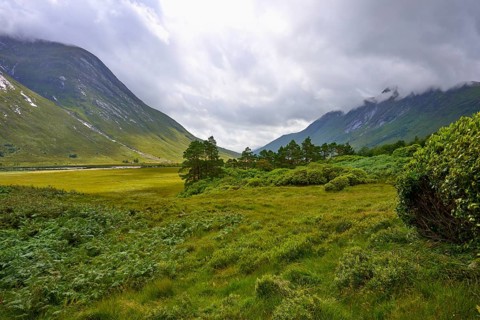 A green valley with trees surrounded by high mountains and thick cloud cover, Loch Etive, Argyll