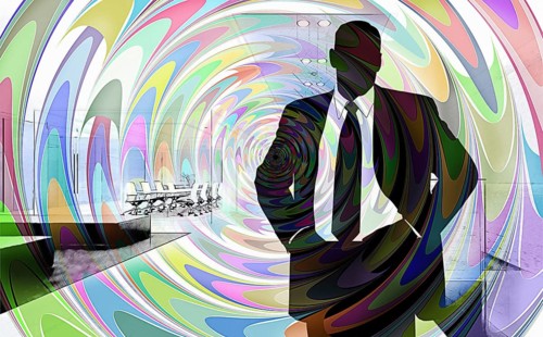 Symbolic picture, manager puzzling, modern office, contracts, agreements, difficulties, conflict,