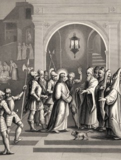 Jesus before Annas, Peter denies Christ, New Testament, steel engraving 1853, digitally restored