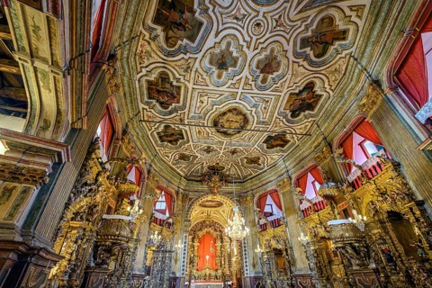 Interior of a baroque cathedral adorned with gold in the city of Ouro Preto, Ouro Preto, Minas