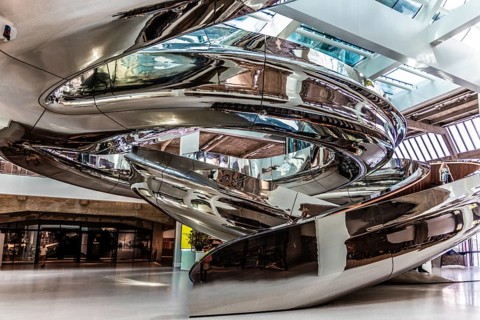Spectacular double spiral staircase from ground floor to roof terrace, offering breathtaking views