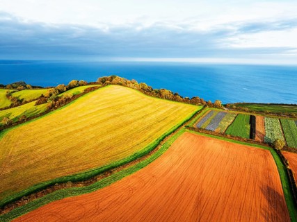 Colours of autumn Fields and Farms over Sheldon from a drone, Torbay, Devon, England, United