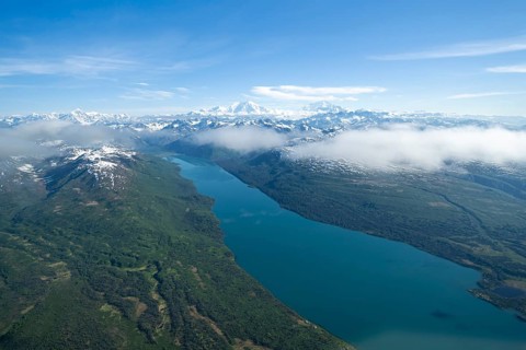 Chelatna Lake, Mt Foraker and Mt Denali or Mount McKinley, aerial view, Alaska Range, Denali