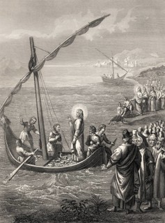 Miraculous Catch of Fish, Steel engraving 1853, digitally restored