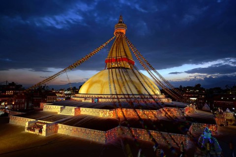 Nepal. landlocked country in the Himalayas, Kathmandu, Bodnath, Boudnath, stupa, colorful flags,