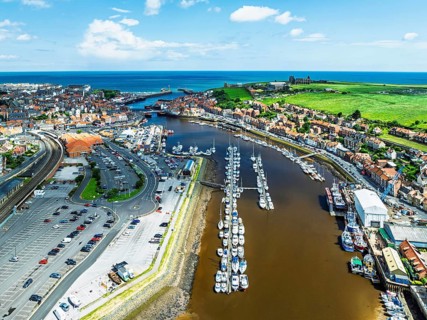 Whitby and River Esk from a drone, North Yorkshire, England, United Kingdom