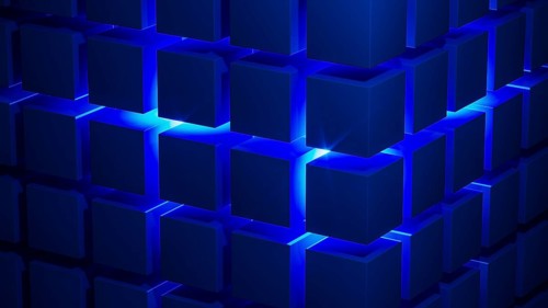 Cube structures create a captivating geometric arrangement highlighted by blue light, showcasing