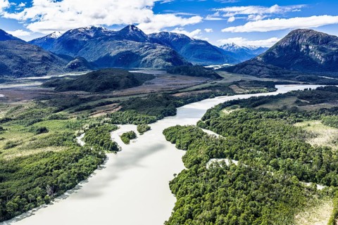 River Rio Baker, north of Puerto Yungnay at road Carretera Austral, aerial view, Patagonia, Chile
