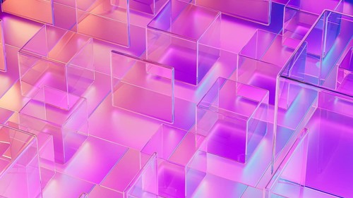 Translucent cubes in varying sizes form a sophisticated abstract background, combining colors and