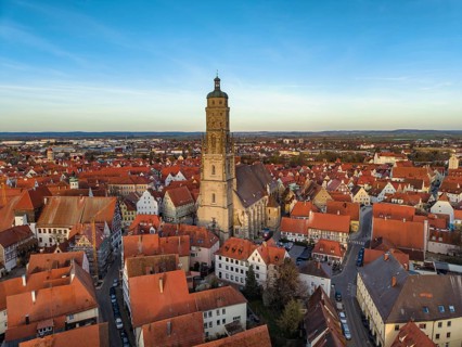 Aerial view of the historic old town of Nördlingen with the church of St. Georg and the 90-meter