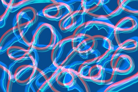 This digital artwork features dynamic neon lines in shades of blue and pink swirling on a dark blue