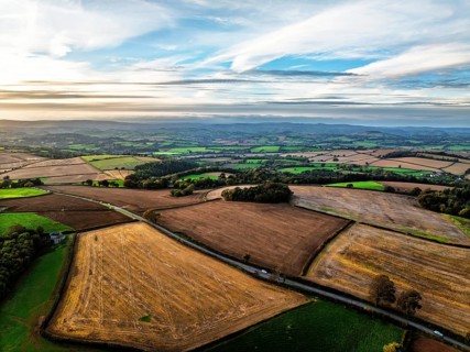 Colours of Devon Farms and Fields over Berry Pomeroy from a drone, Totnes, England, United Kingdom