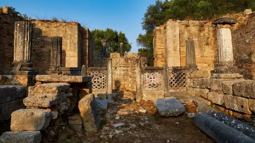 Phidias' workshop, ruins of an ancient structure with well-preserved columns, archaeological site,