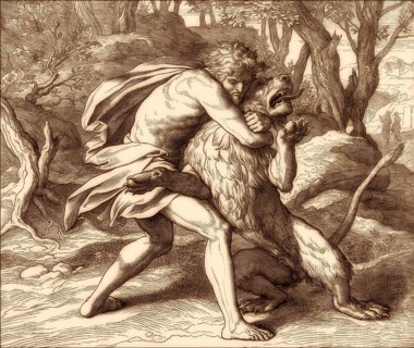 Samson Slaying the Lion, Old Testament, by Julius Schnorr von Carolsfeld, 1860