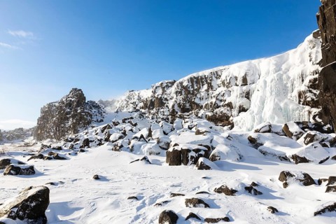 Öxarárfoss, frozen waterfall, lava rock, rock, snow, frost, winter, Golden Circle, Iceland,