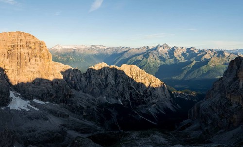Impressive mountain peaks of the Brenta Mountains, sunrise, 360 degree alpine panorama, aerial