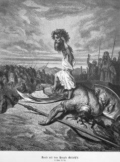First book of Samuel, chapter 17, verse 51, David draws his sword and kills the Philistine, David