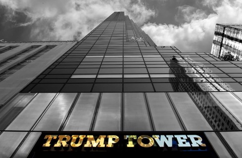 Trump Tower with lettering, black and white, New York City, USA