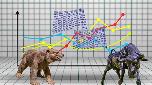 Symbol, bull and bear markets on stock exchanges and Wall Street, DAX crash, President Trump