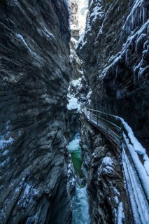 Winter, snowy landscape, icicles, river Breitach and hiking trail through the Breitachklamm gorge