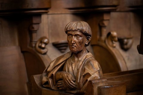 Carved half-figure, oak choir stalls for the monks, 1493 by Jörg Syrlin the Younger, also Sürlin or